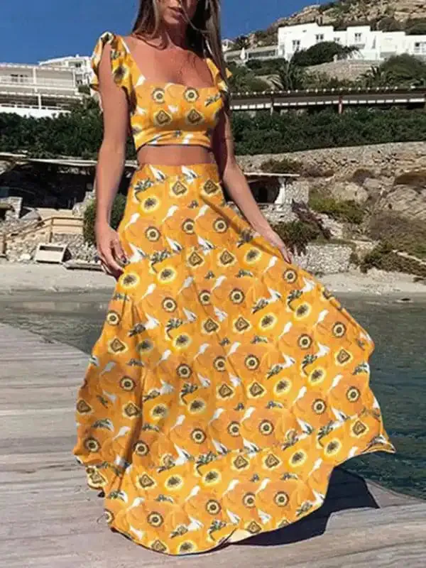 Women’sTtwo-Piece Suit Fashion Print Sexy Big Swing Skirt Suit