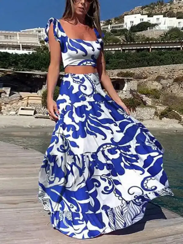 Women’sTtwo-Piece Suit Fashion Print Sexy Big Swing Skirt Suit