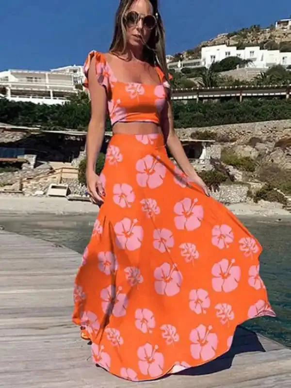 Women’sTtwo-Piece Suit Fashion Print Sexy Big Swing Skirt Suit