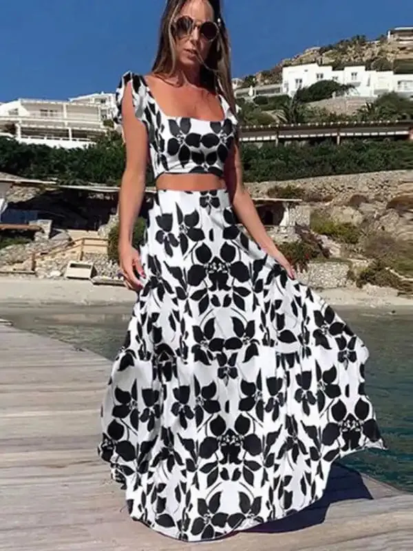 Women’sTtwo-Piece Suit Fashion Print Sexy Big Swing Skirt Suit