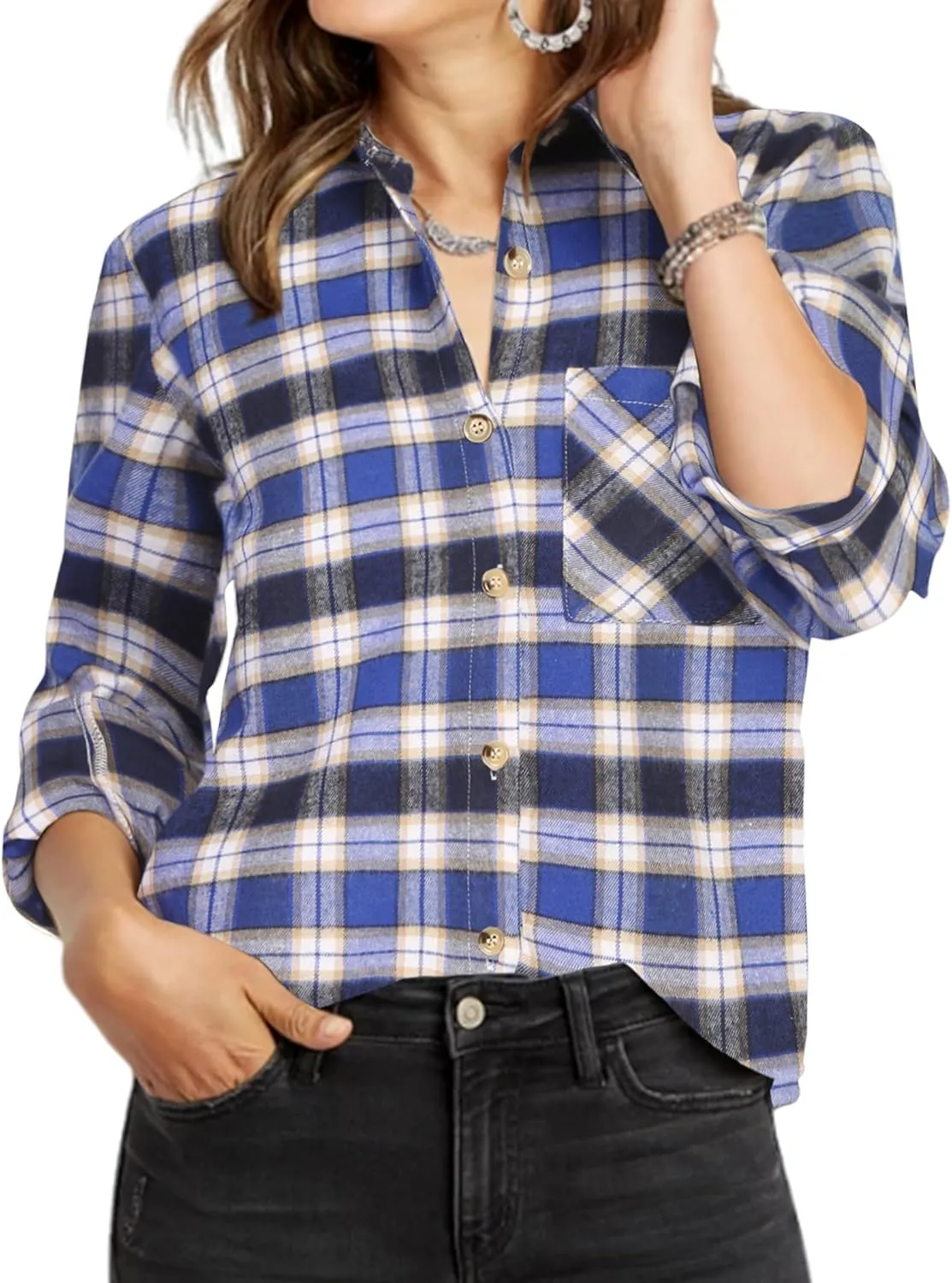 Zeagoo Womens Plaid Shirts Cotton Classic Long Sleeve Button Down Collared Casual Tops Lightweight Autumn Blouses