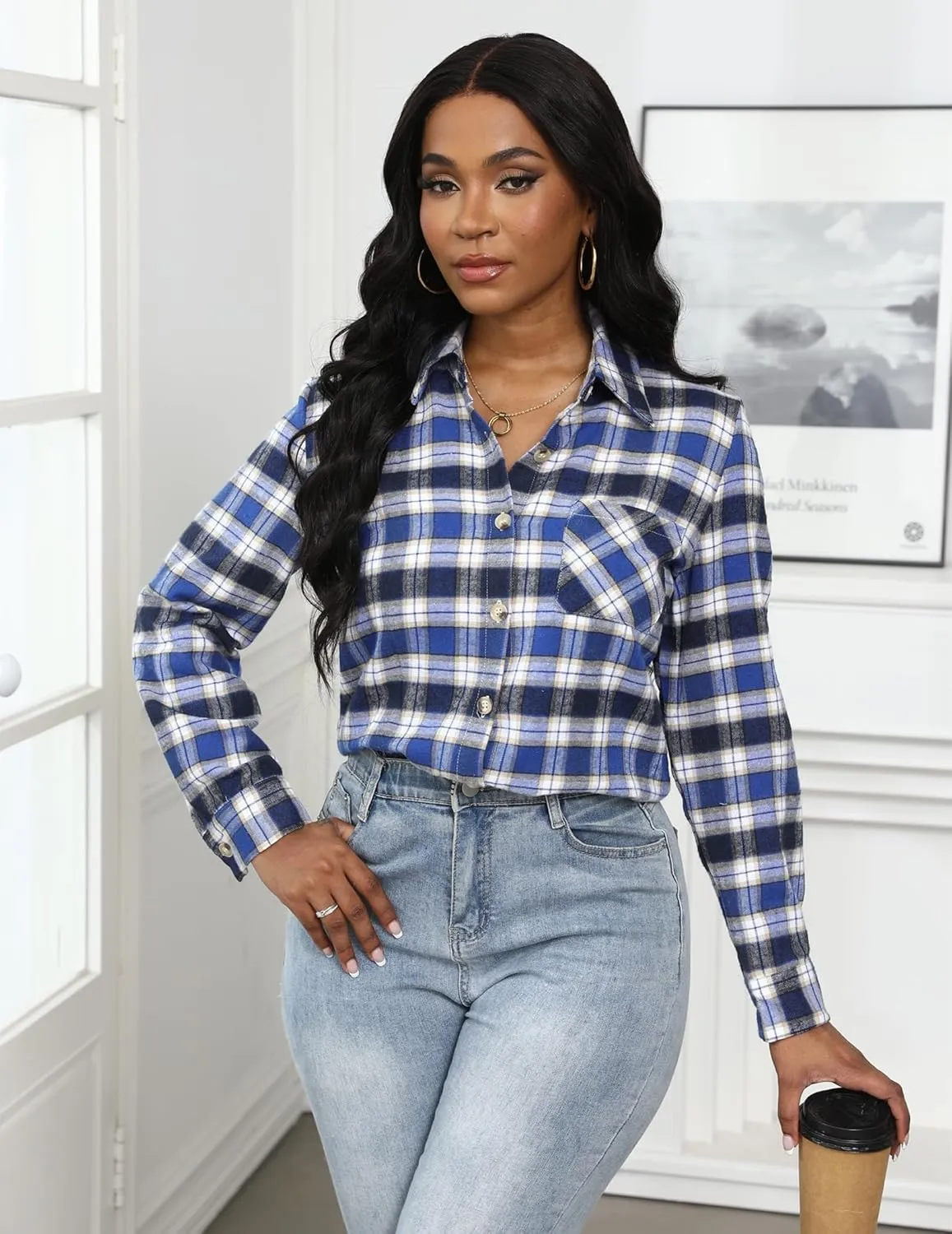 Zeagoo Womens Plaid Shirts Cotton Classic Long Sleeve Button Down Collared Casual Tops Lightweight Autumn Blouses