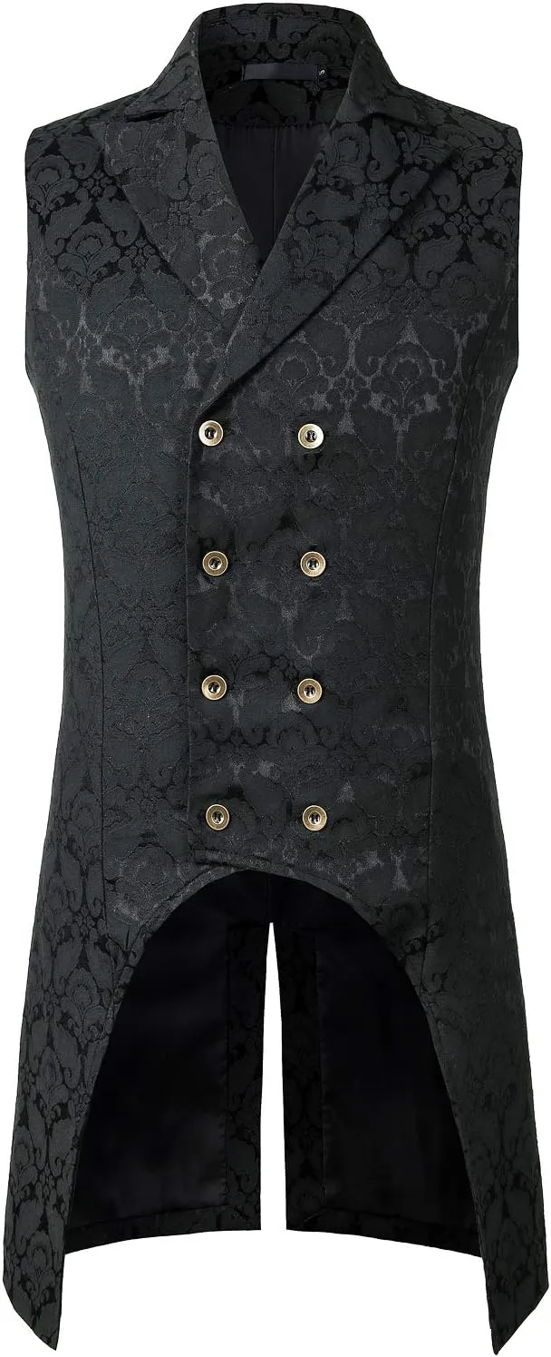 ZEROYAA Mens Gothic Steampunk Double Breasted Jacquard Brocade Vest Waistcoat Sleeveless Tailcoat