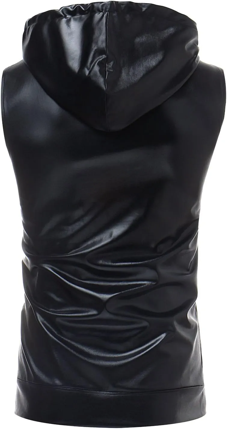 ZEROYAA Mens Shiny Metallic Zip Up Sleeveless Hooded Vest T Shirt with Kangaroo Pocket