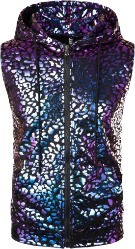 ZEROYAA Mens Shiny Metallic Zip Up Sleeveless Hooded Vest T Shirt with Kangaroo Pocket