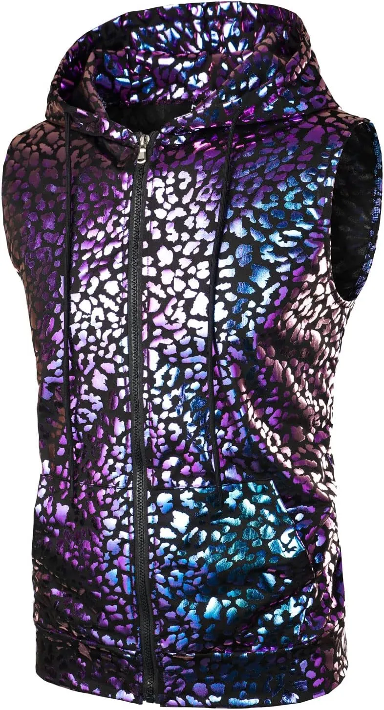 ZEROYAA Mens Shiny Metallic Zip Up Sleeveless Hooded Vest T Shirt with Kangaroo Pocket