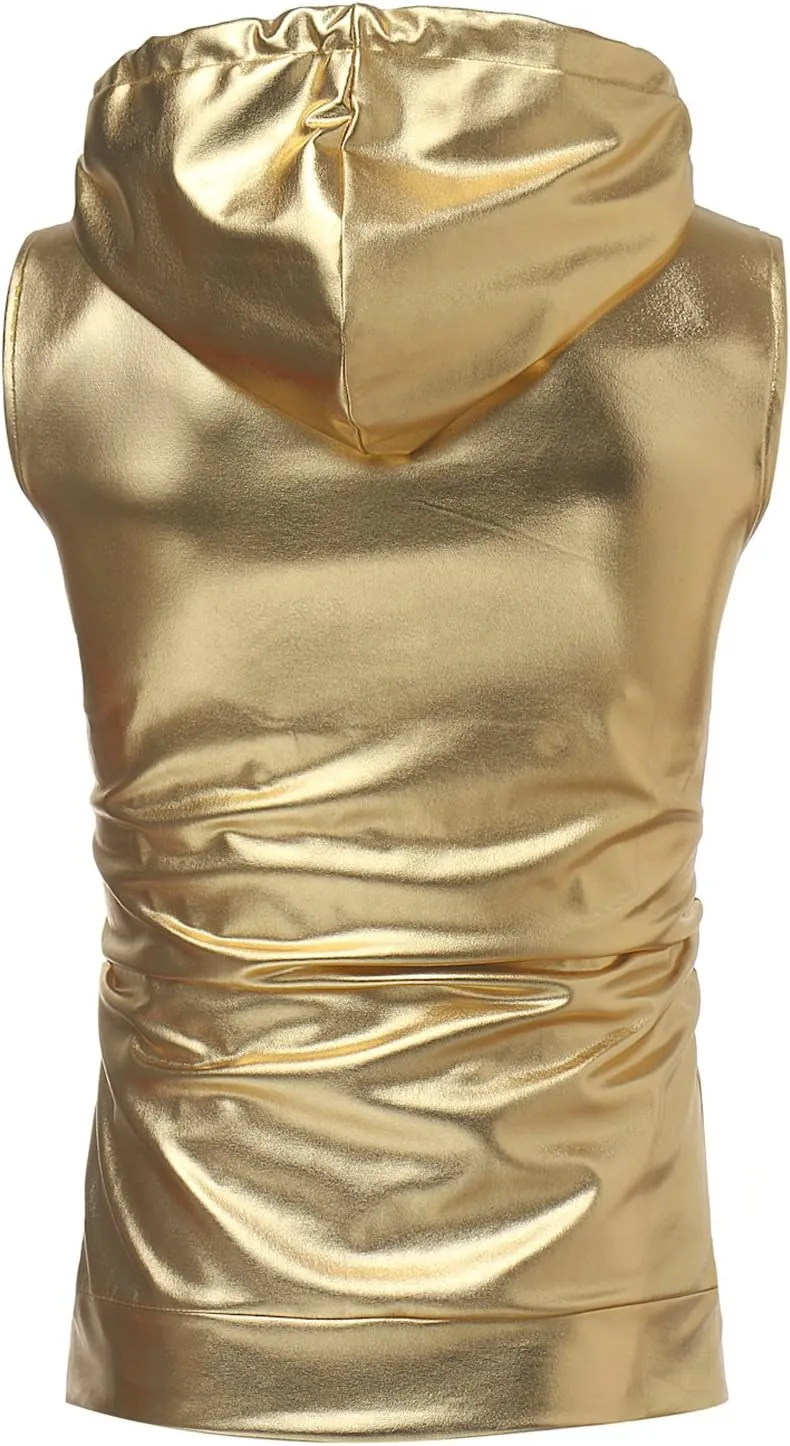 ZEROYAA Mens Shiny Metallic Zip Up Sleeveless Hooded Vest T Shirt with Kangaroo Pocket