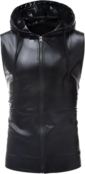 ZEROYAA Mens Shiny Metallic Zip Up Sleeveless Hooded Vest T Shirt with Kangaroo Pocket