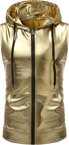 ZEROYAA Mens Shiny Metallic Zip Up Sleeveless Hooded Vest T Shirt with Kangaroo Pocket