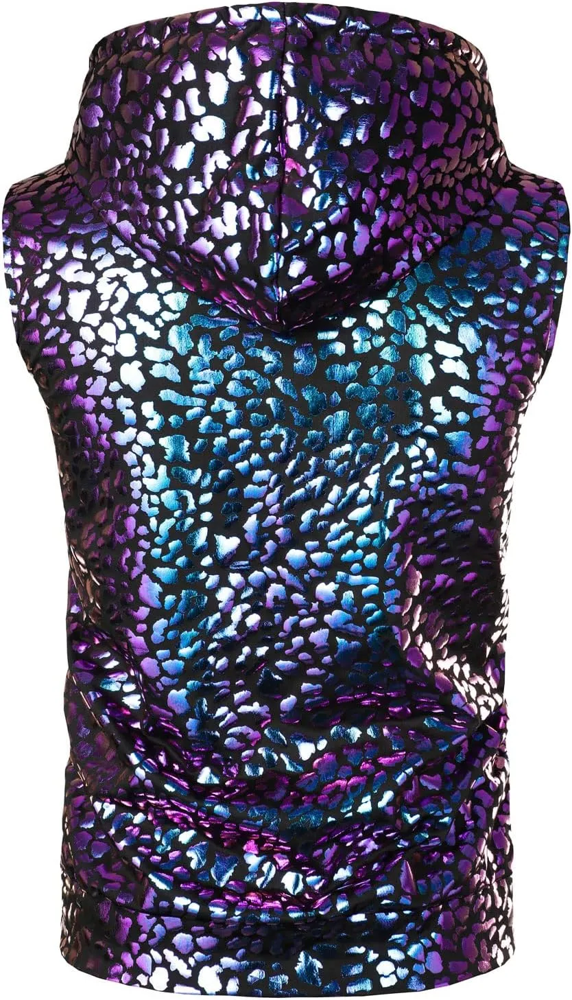 ZEROYAA Mens Shiny Metallic Zip Up Sleeveless Hooded Vest T Shirt with Kangaroo Pocket