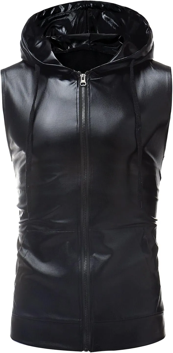 ZEROYAA Mens Shiny Metallic Zip Up Sleeveless Hooded Vest T Shirt with Kangaroo Pocket